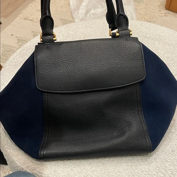 Tory Burch Black Leather & Blue Suede Half Moon Satchel - Picture 5 of 8